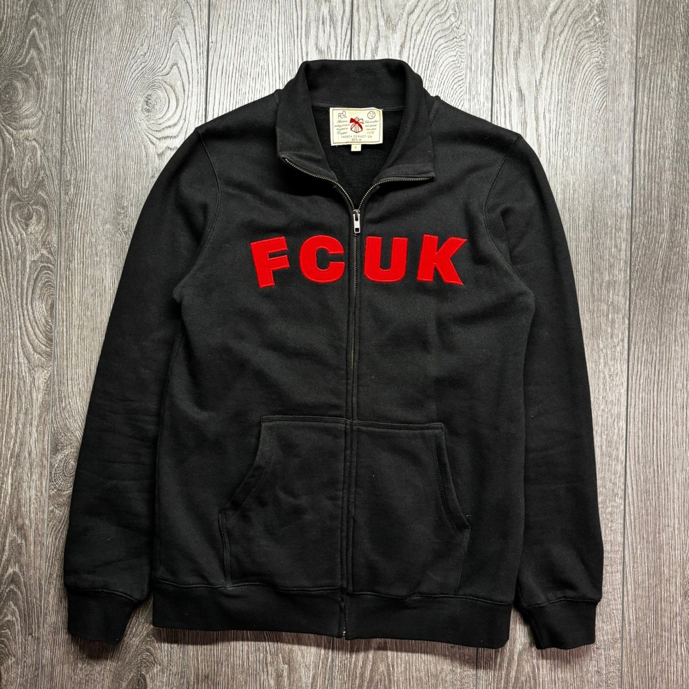 French Connection FCUK Mens Large Black Full Zip Sweatshirt Red Logo Y2k Vintage